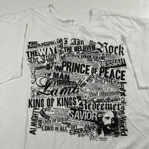 001 - VINTAGE 00s JESUS CHRISTIAN RELIGIOUS ANVIL BLUE BAR TAG T SHIRT